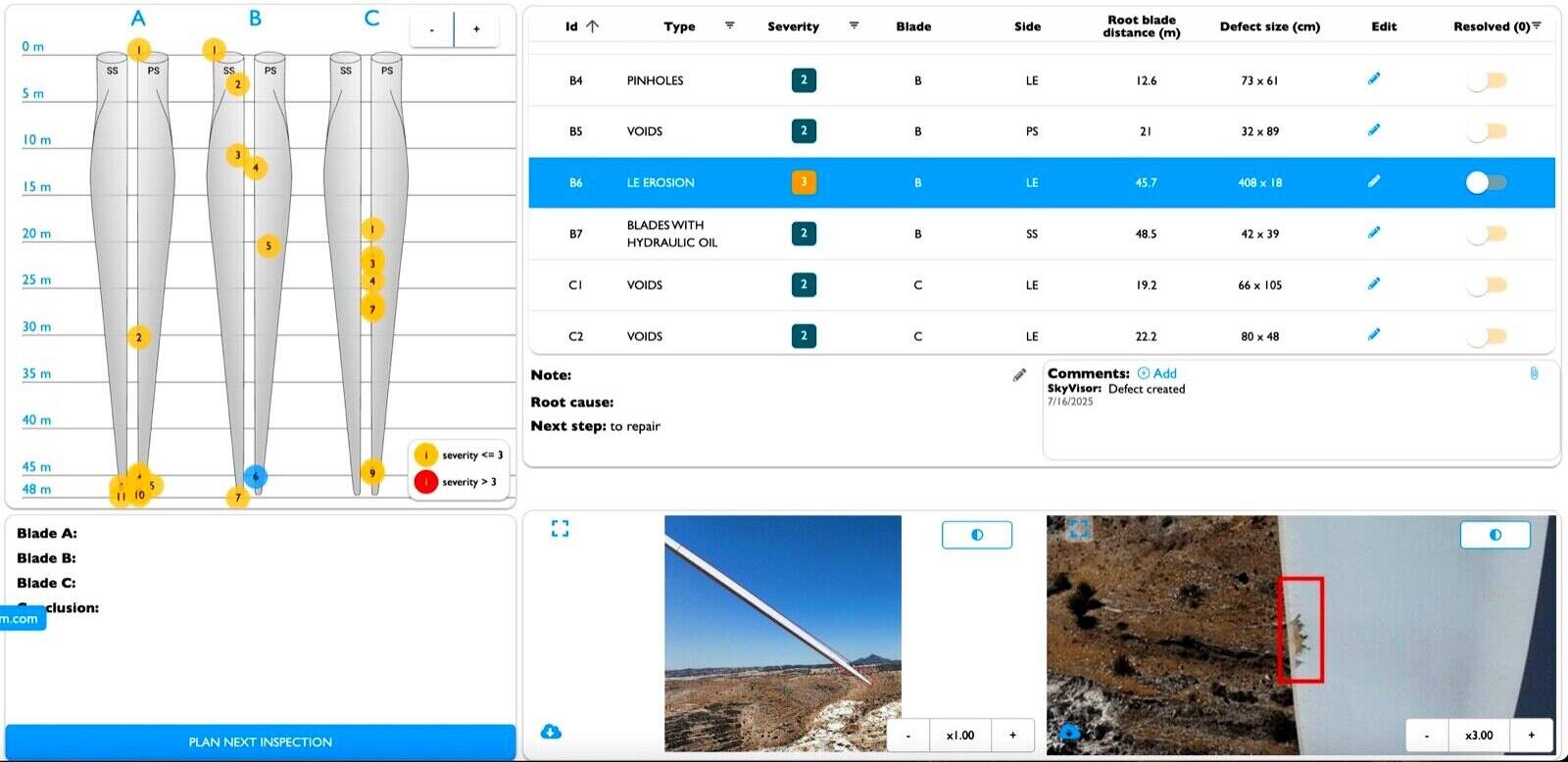 Wind Turbine Inspection — blade-by-blade defect map